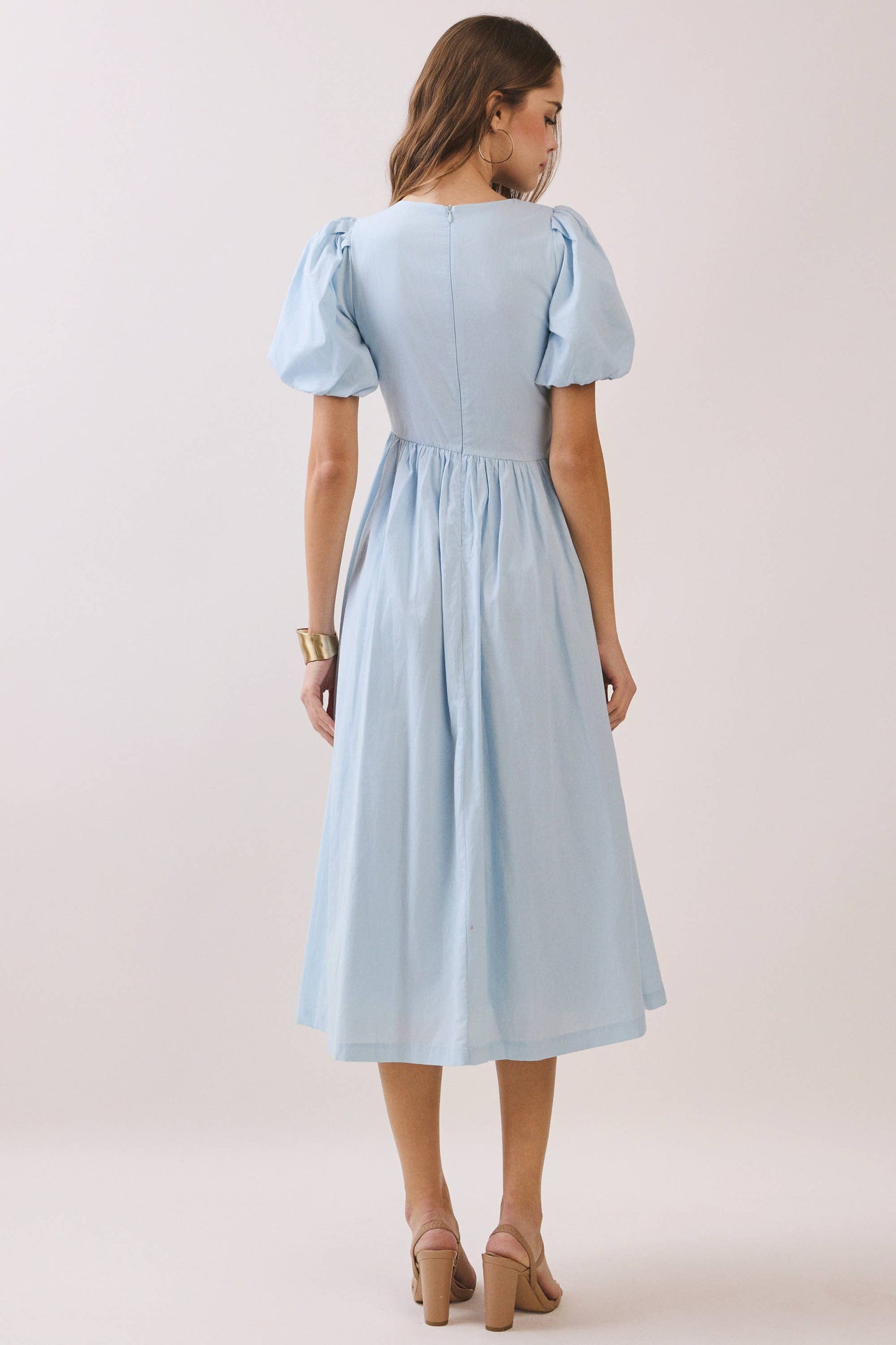 Puff Sleeve Round Neck Faux Button Dress