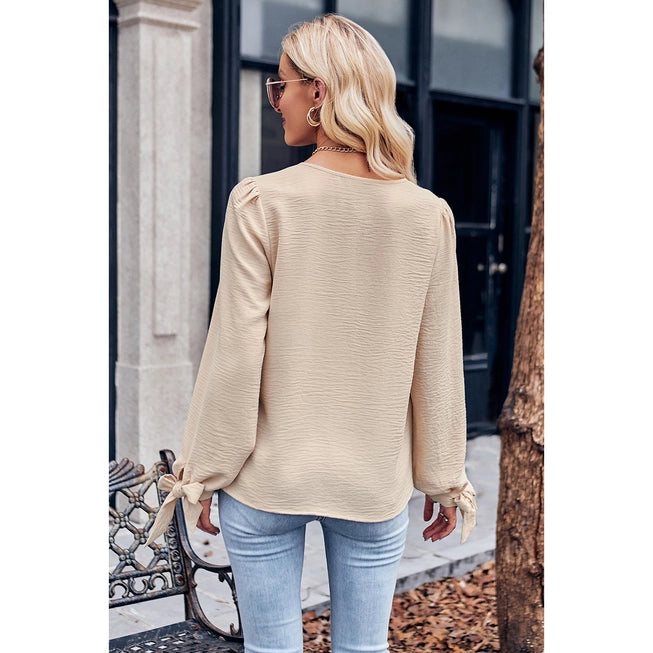 Chic V-Neck Long Sleeve Blouse with Knot Bow Cuffs | Relaxed Fit
