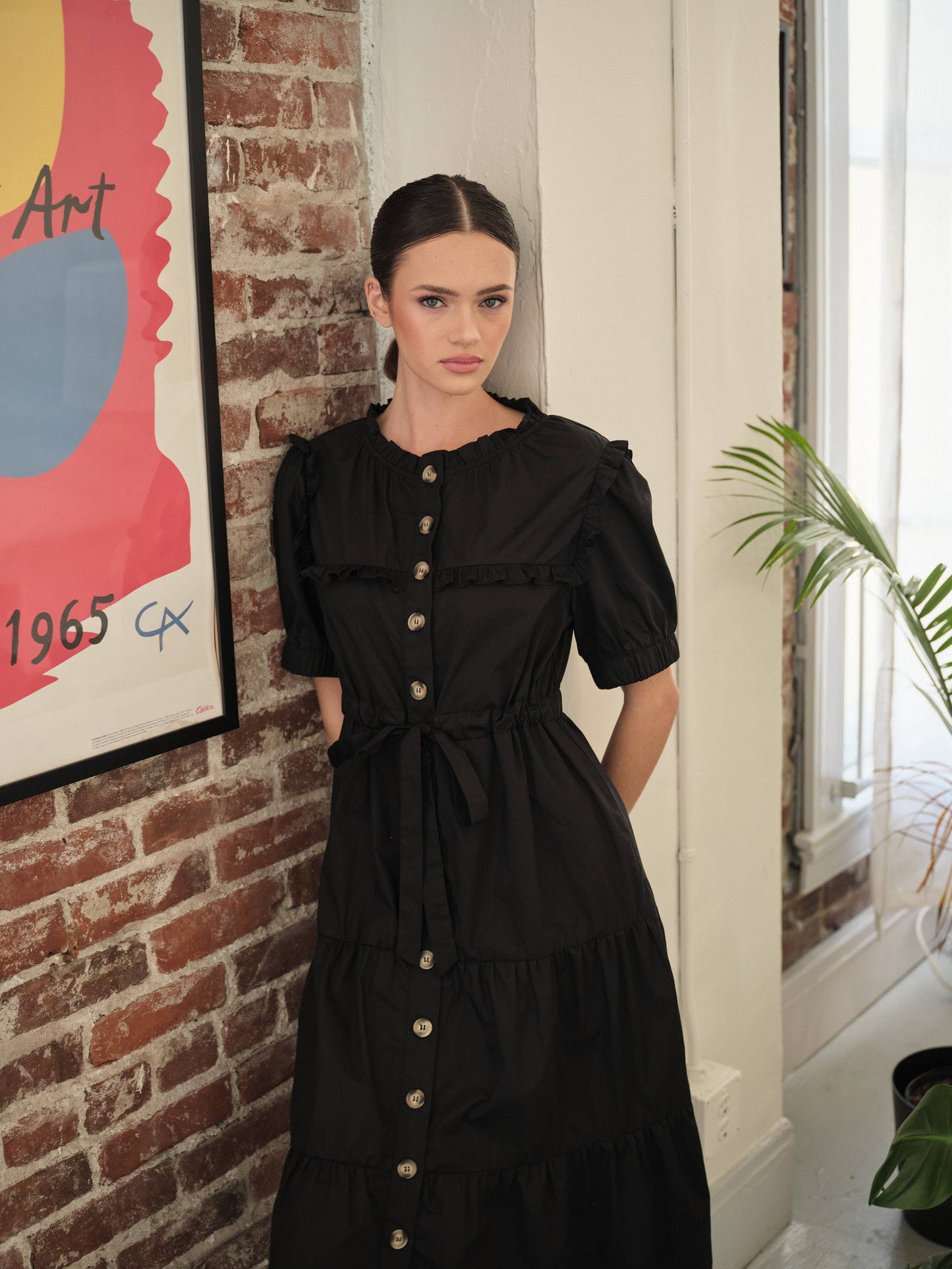 POPLIN RUFFLE BUTTON DOWN DRESS