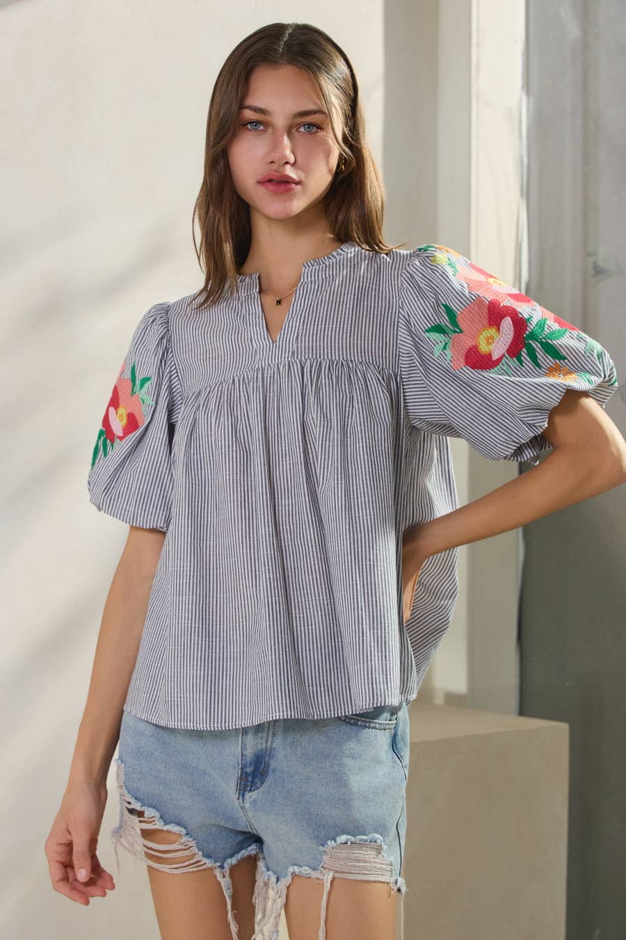 Embroidered Striped Blouse (Curvy)