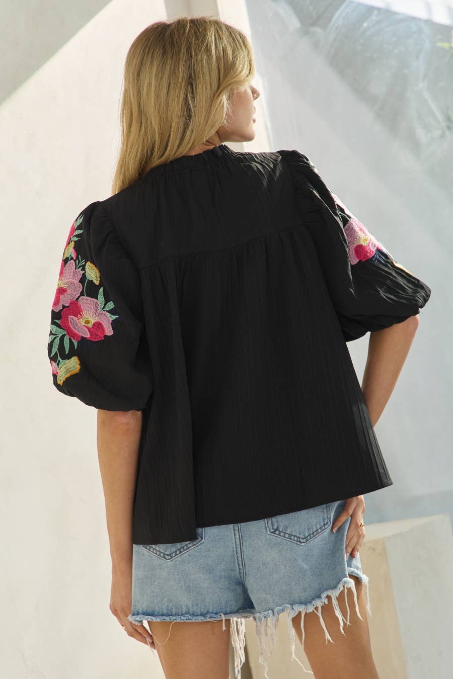 Black Embroidered Puff Sleeve Peasant Blouse | Mock Neck Top