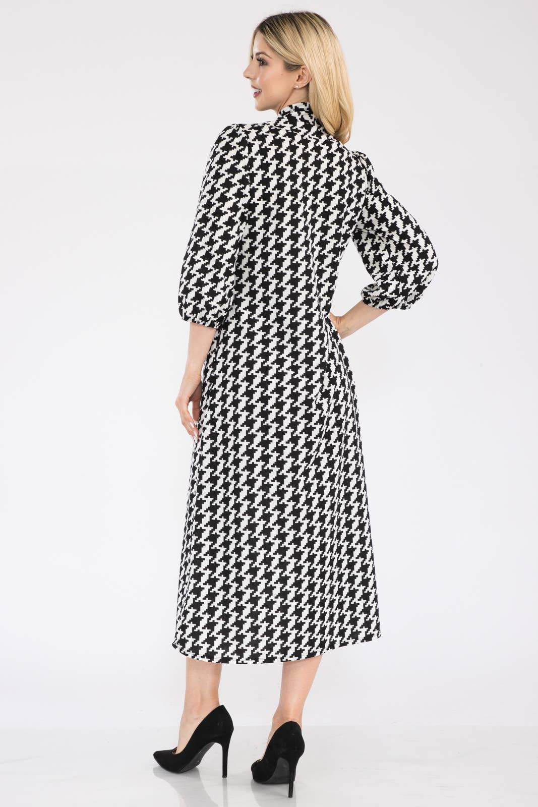 Houndstooth Midi Dress with Bow