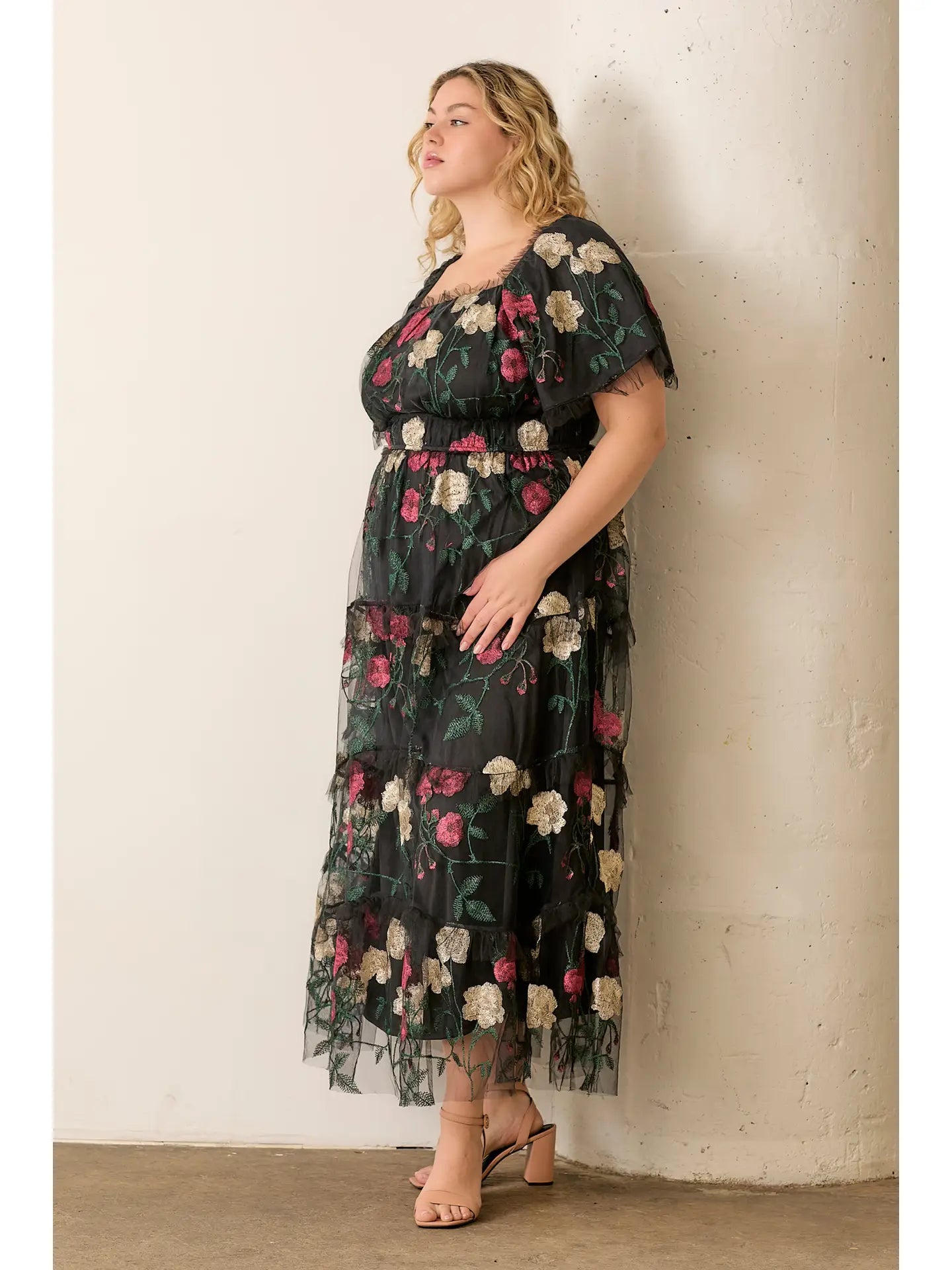 Floral Printed Ruffle Tiered Tulle Dress