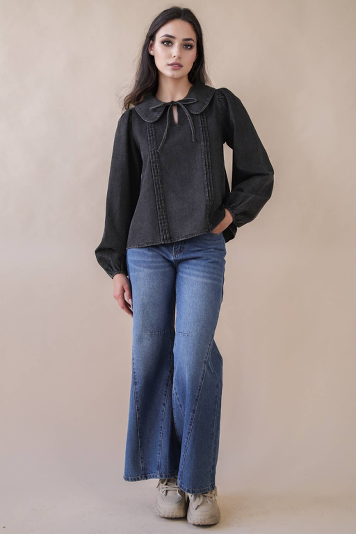 Mineral Washed Chambray Denim Blouse Top