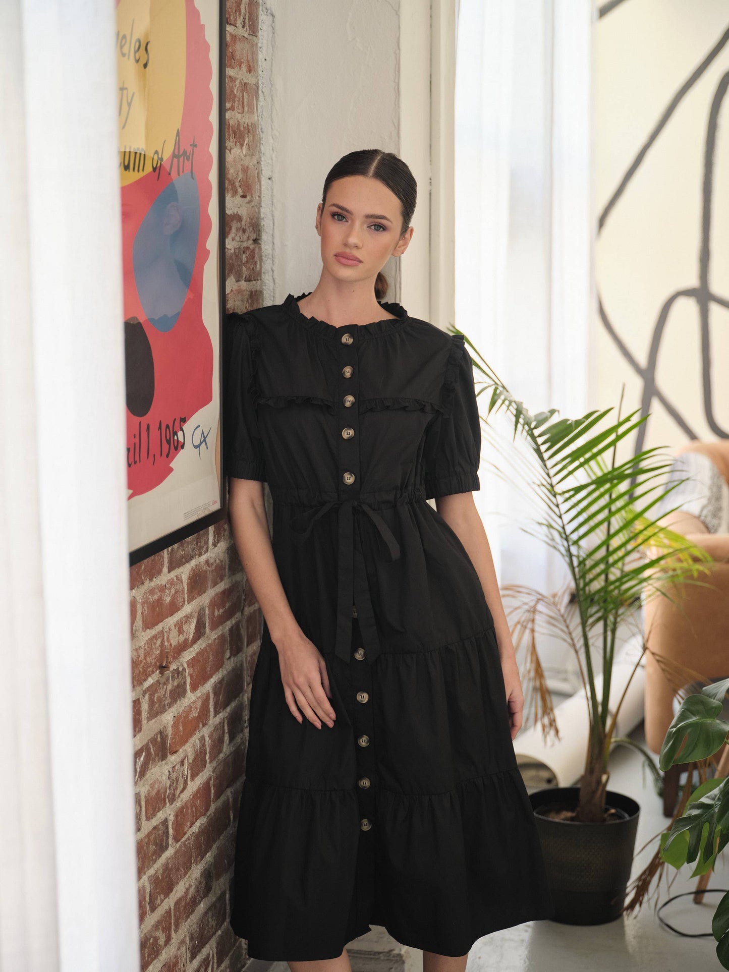 POPLIN RUFFLE BUTTON DOWN DRESS