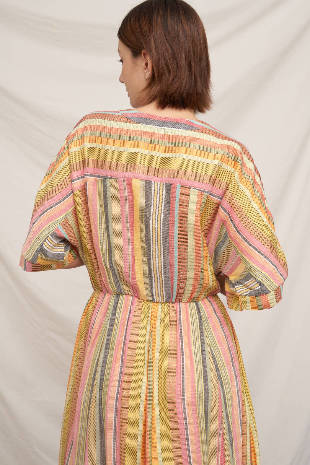 Kimono Sleeve Multicolor Striped V-Neck Midi Dress