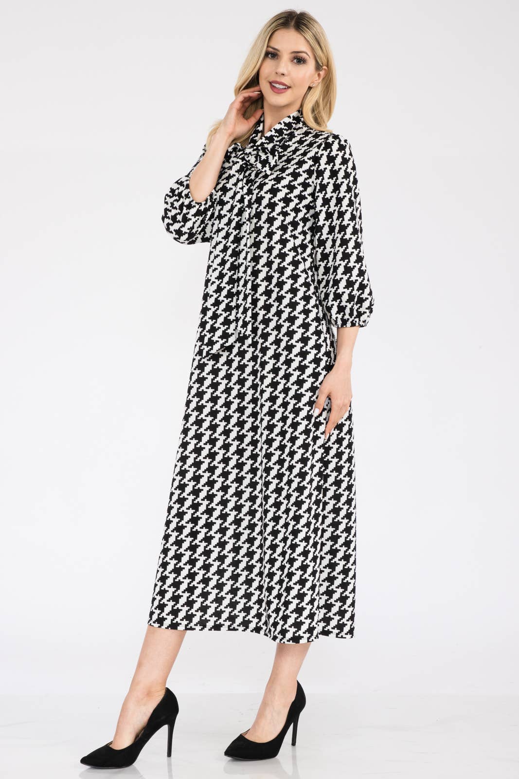 Houndstooth Midi Dress with Bow