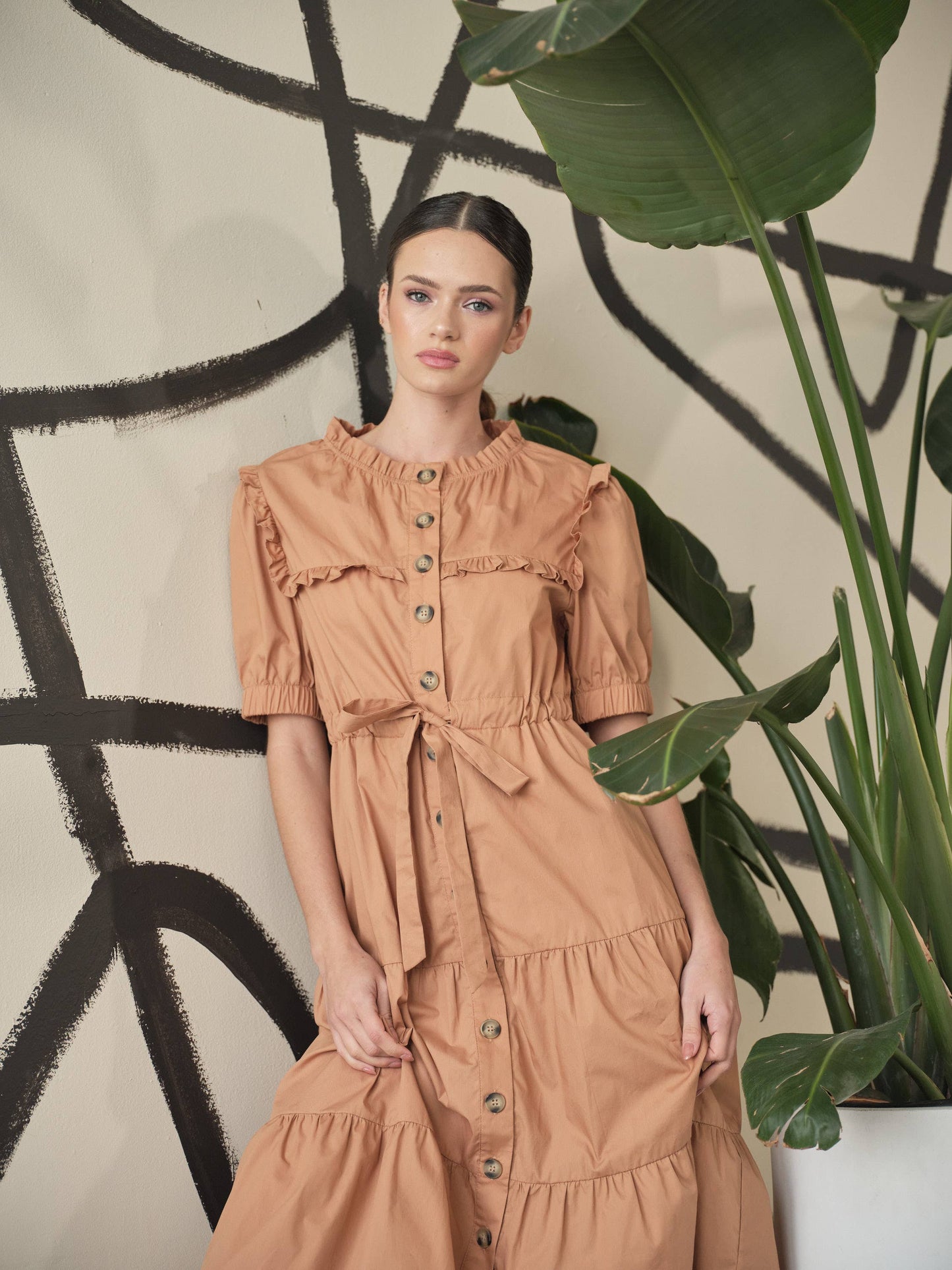 POPLIN RUFFLE BUTTON DOWN DRESS