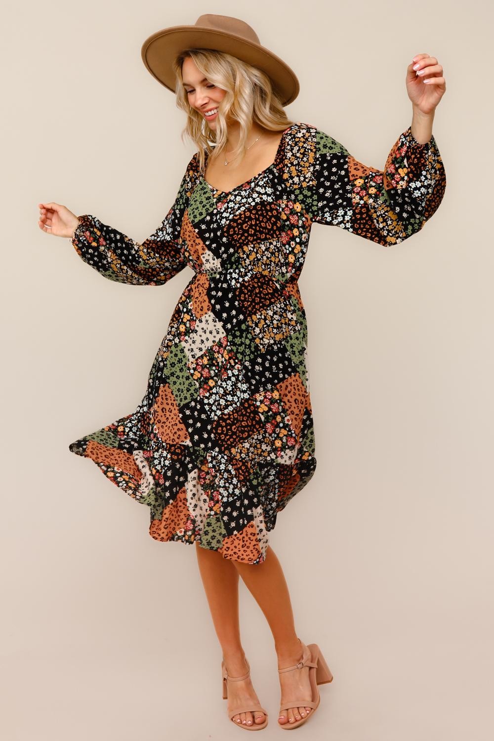 Autumn Floral Patchwork Midi Dress | Boho Long Sleeve