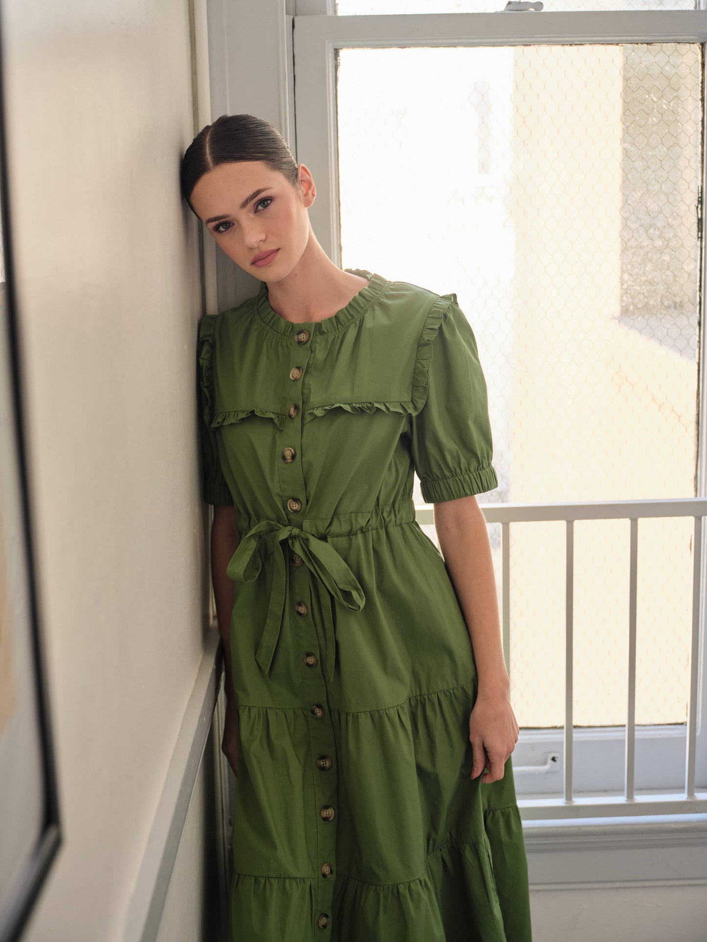 POPLIN RUFFLE BUTTON DOWN DRESS