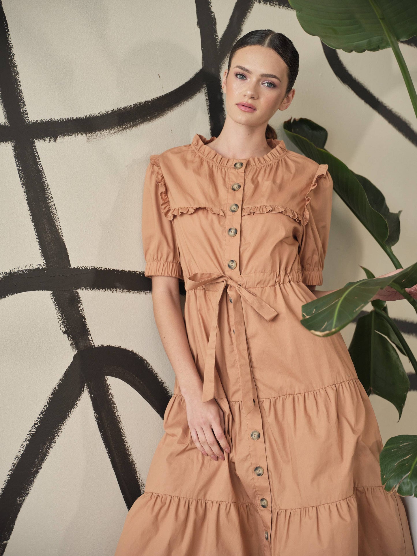 POPLIN RUFFLE BUTTON DOWN DRESS