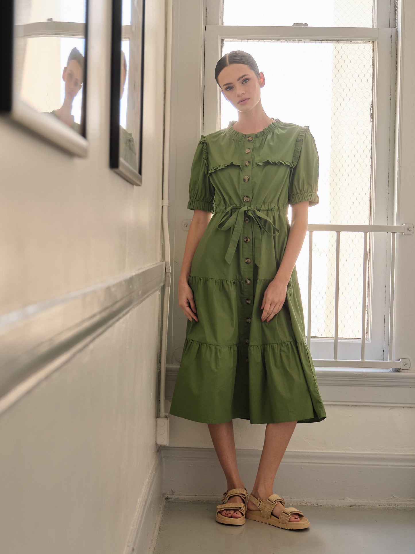 POPLIN RUFFLE BUTTON DOWN DRESS