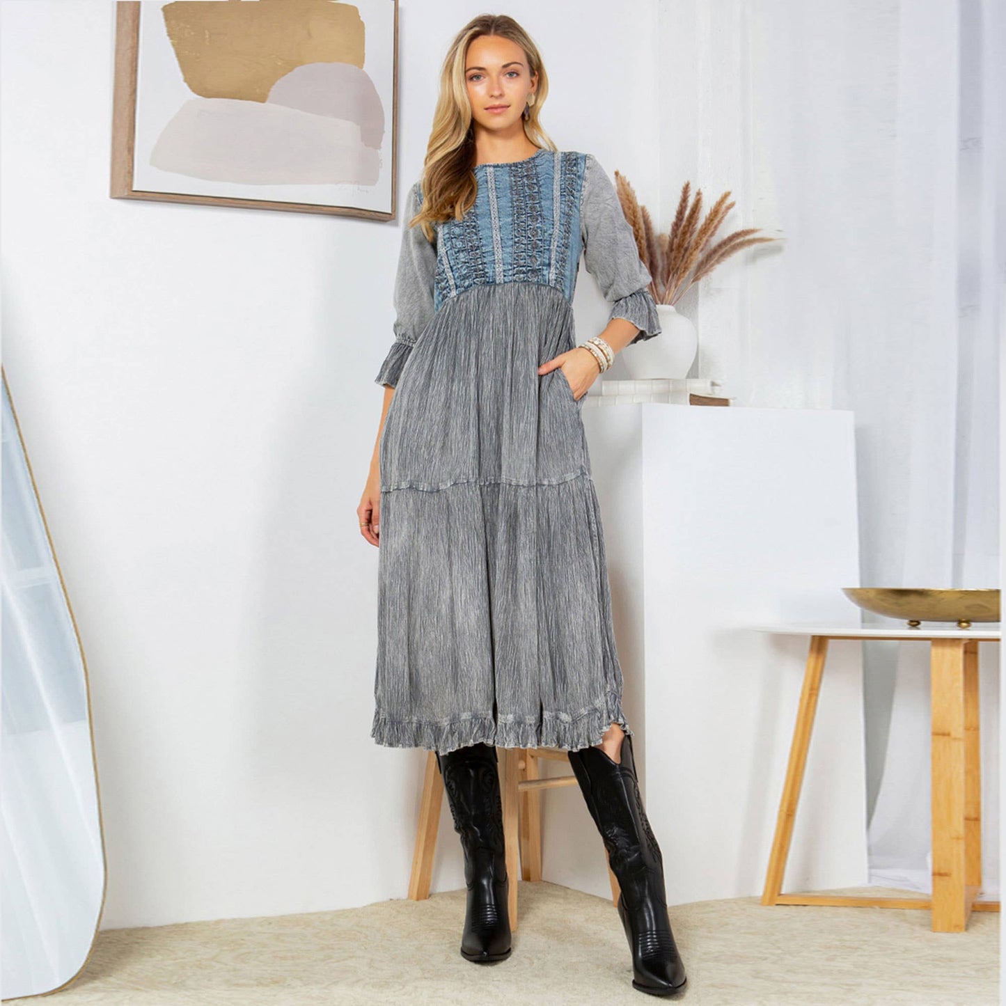 Denim Fusion: Tiered Aari Work Mid-Length Dress with Lace