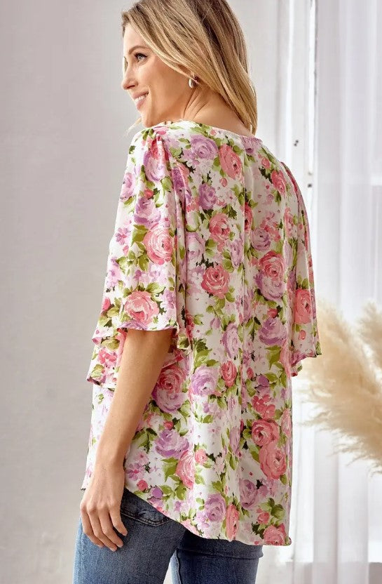 Pink & White Floral Tunic Top - V-Neck Dolman Sleeve Blouse