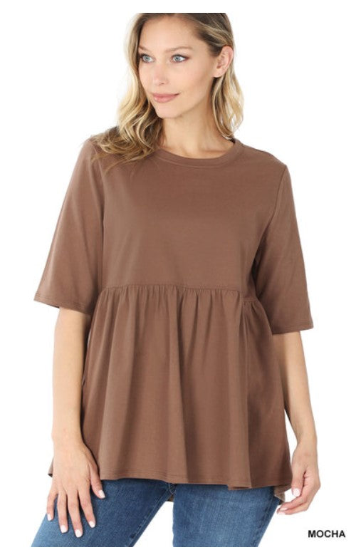Women's Ash Mocha 3/4 Sleeve Peplum Tunic Top | Empire Waist Babydoll Knit