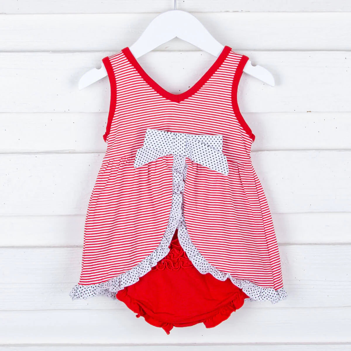 Infant Girls Minnie Mouse Dress & Bloomer Set - Red Stripe Summer Outfit
