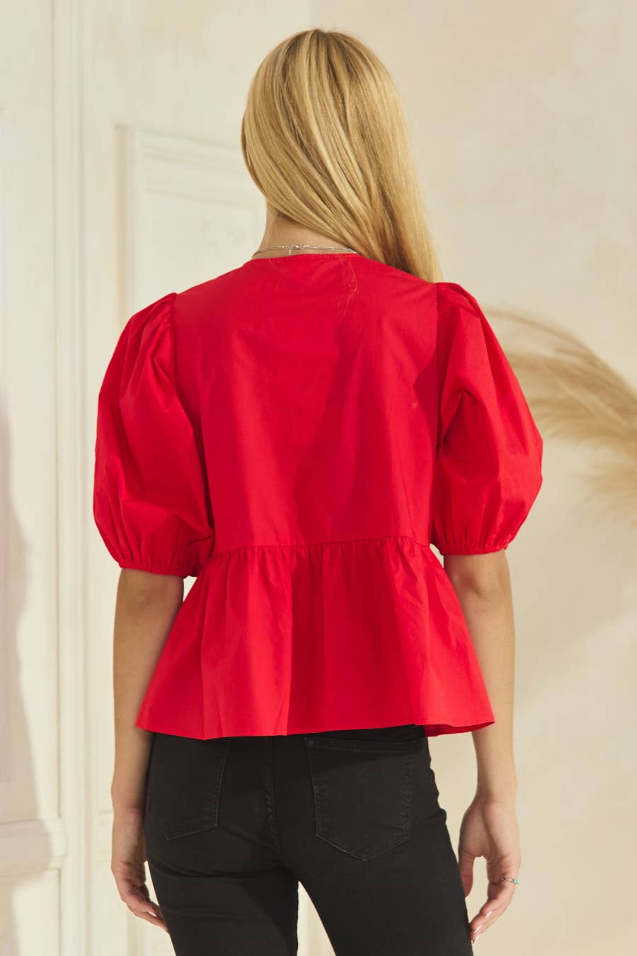 Chic Red Peplum Blouse with Tie-Front Bows | Puff Sleeve Cotton Top