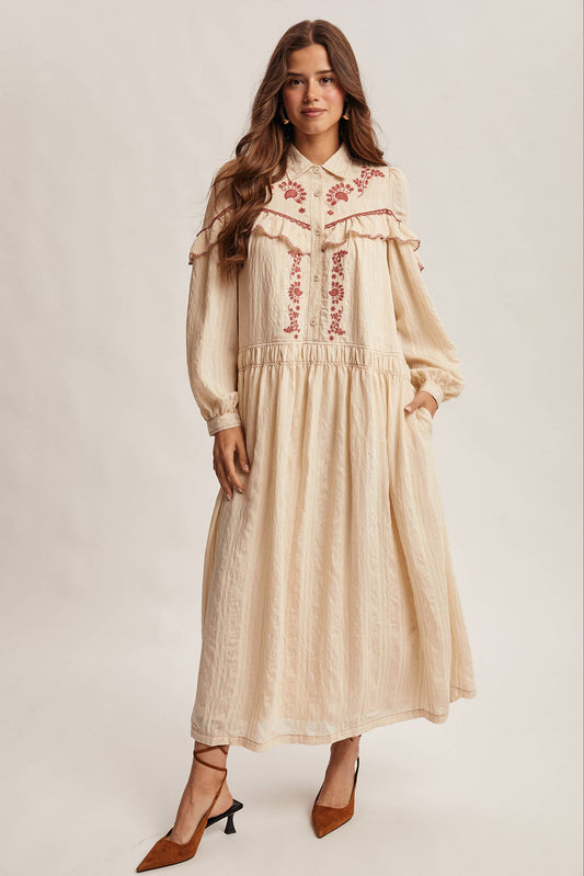 Embroidered Ruffle Trim Maxi Dress