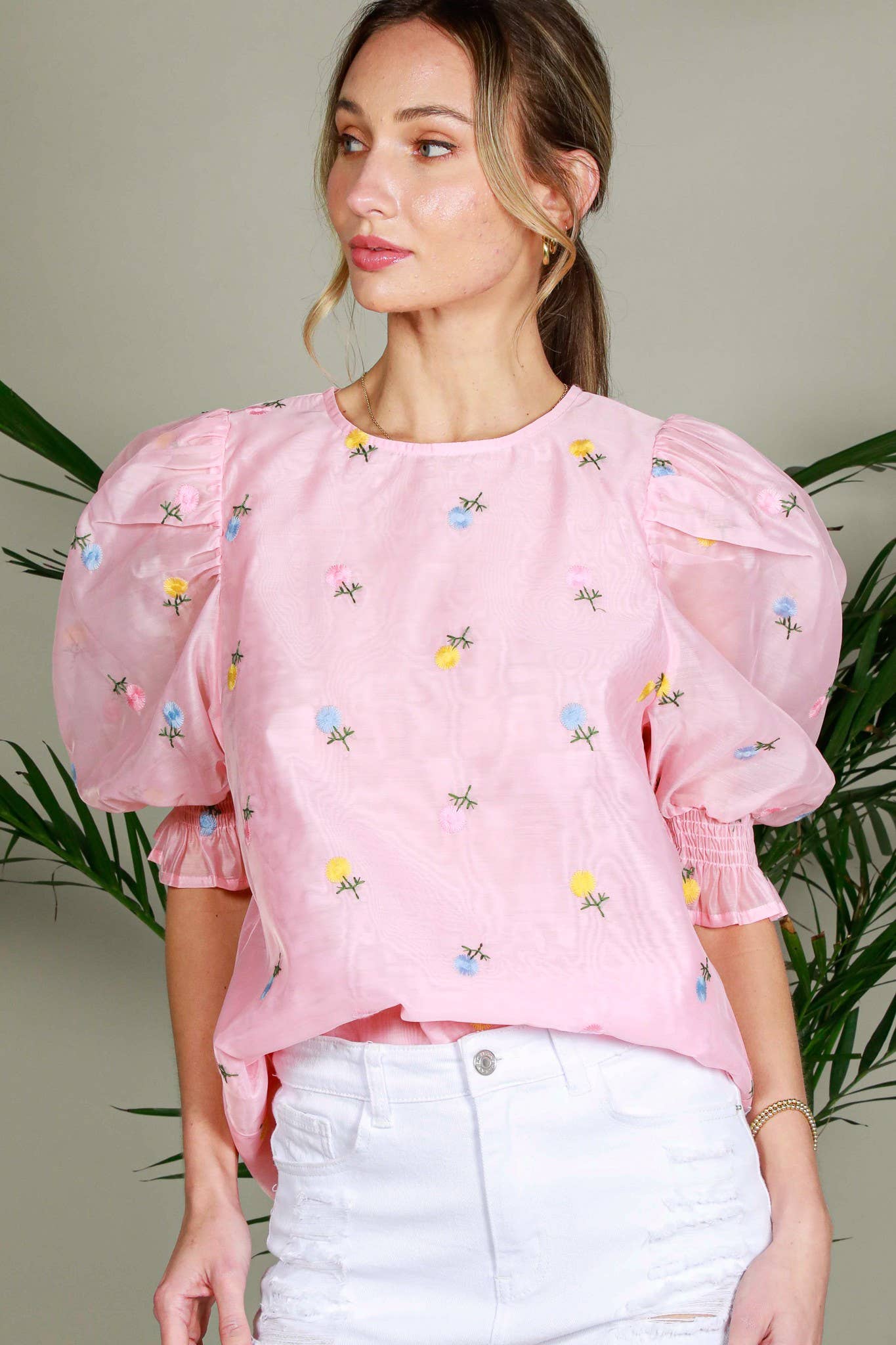 Chic Sheer Organza Blouse with Ditsy Floral Embroidery & Puffy Balloon Sleeves