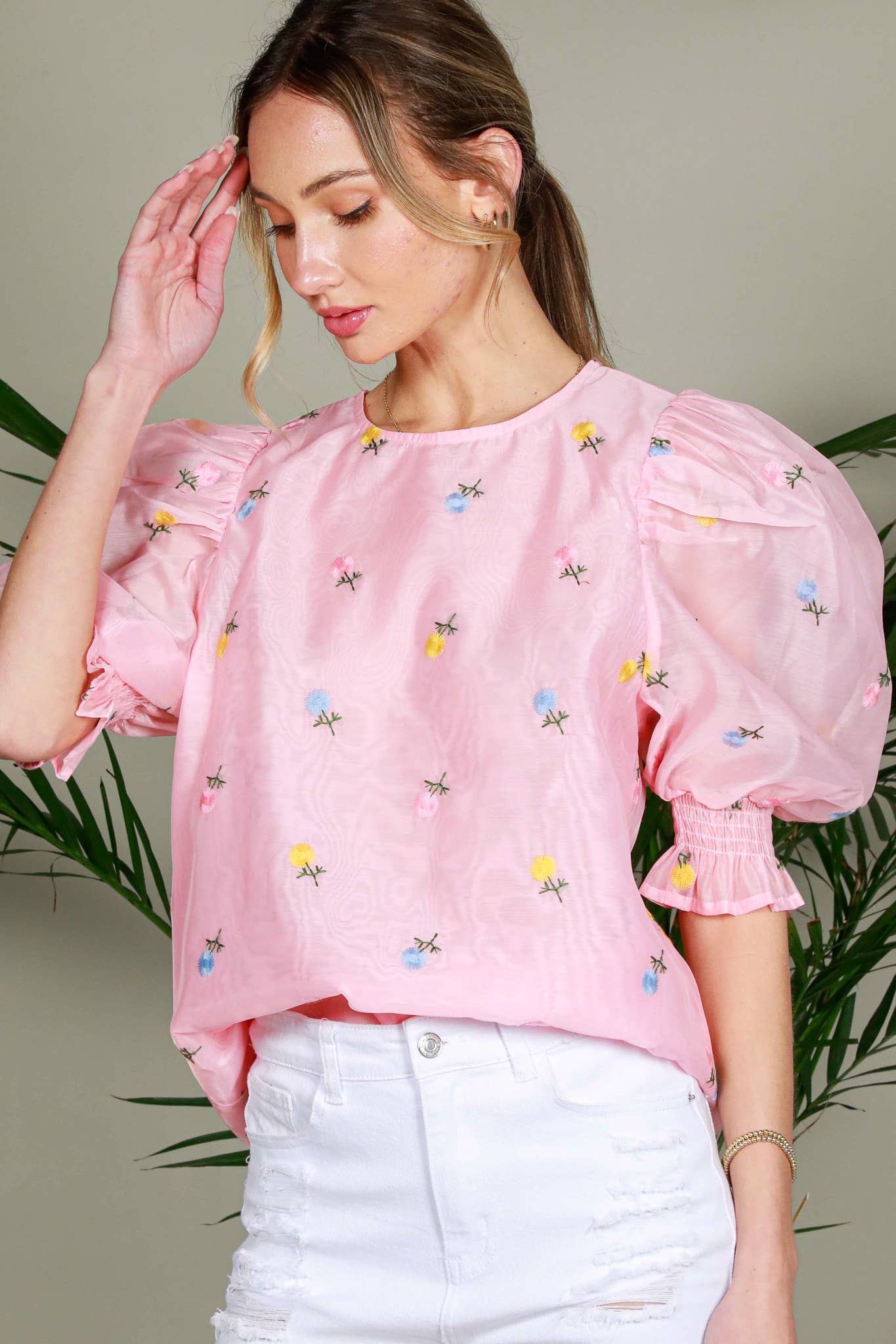 Chic Sheer Organza Blouse with Ditsy Floral Embroidery & Puffy Balloon Sleeves