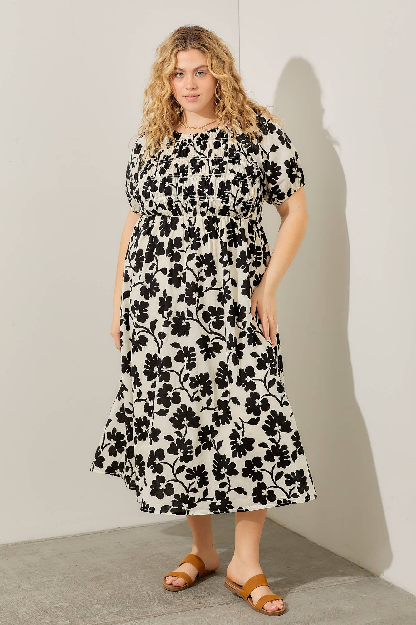 Women's Floral Print Smocked Midi Dress with Pockets