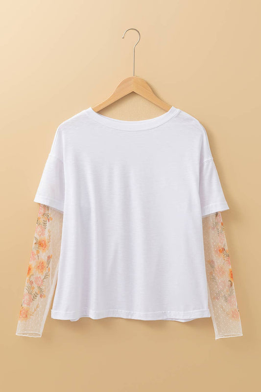 Floral Embroidered Mesh Patchwork Sleeve Crewneck Top