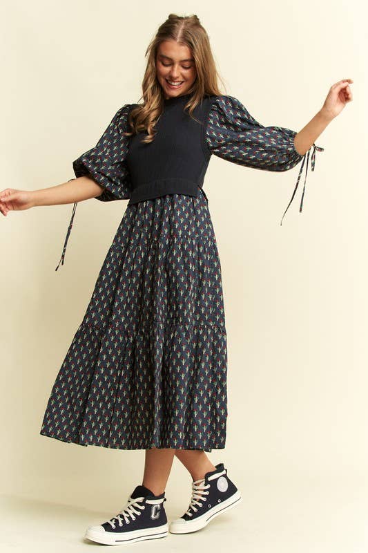 Floral Print Mixed Media Tiered Midi Dress (Curvy)