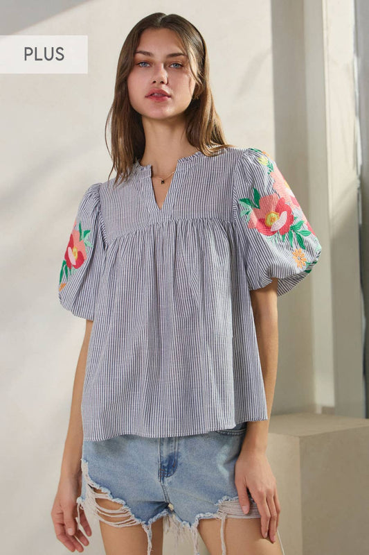 Embroidered Striped Blouse (Curvy)