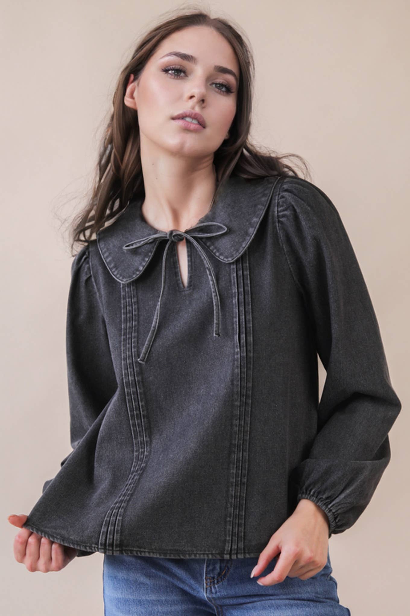 Mineral Washed Chambray Denim Blouse Top