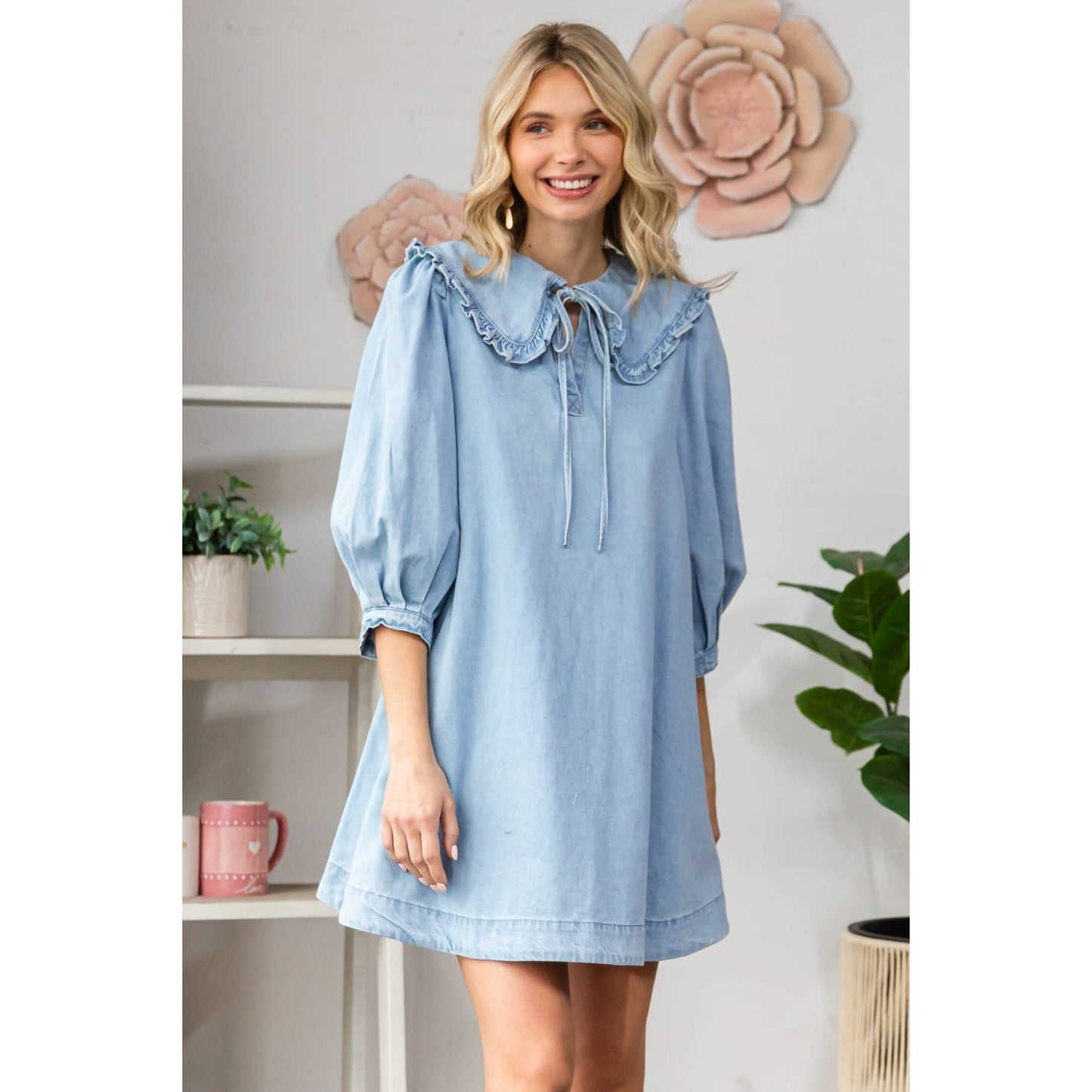 Ruffle V-Neck Denim Mini Dress with Tie Collar