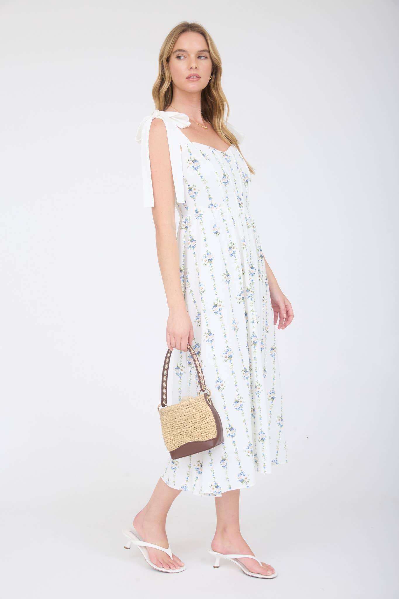 STRIPE FLORAL TIE STRAP CORSET MIDI DRESS