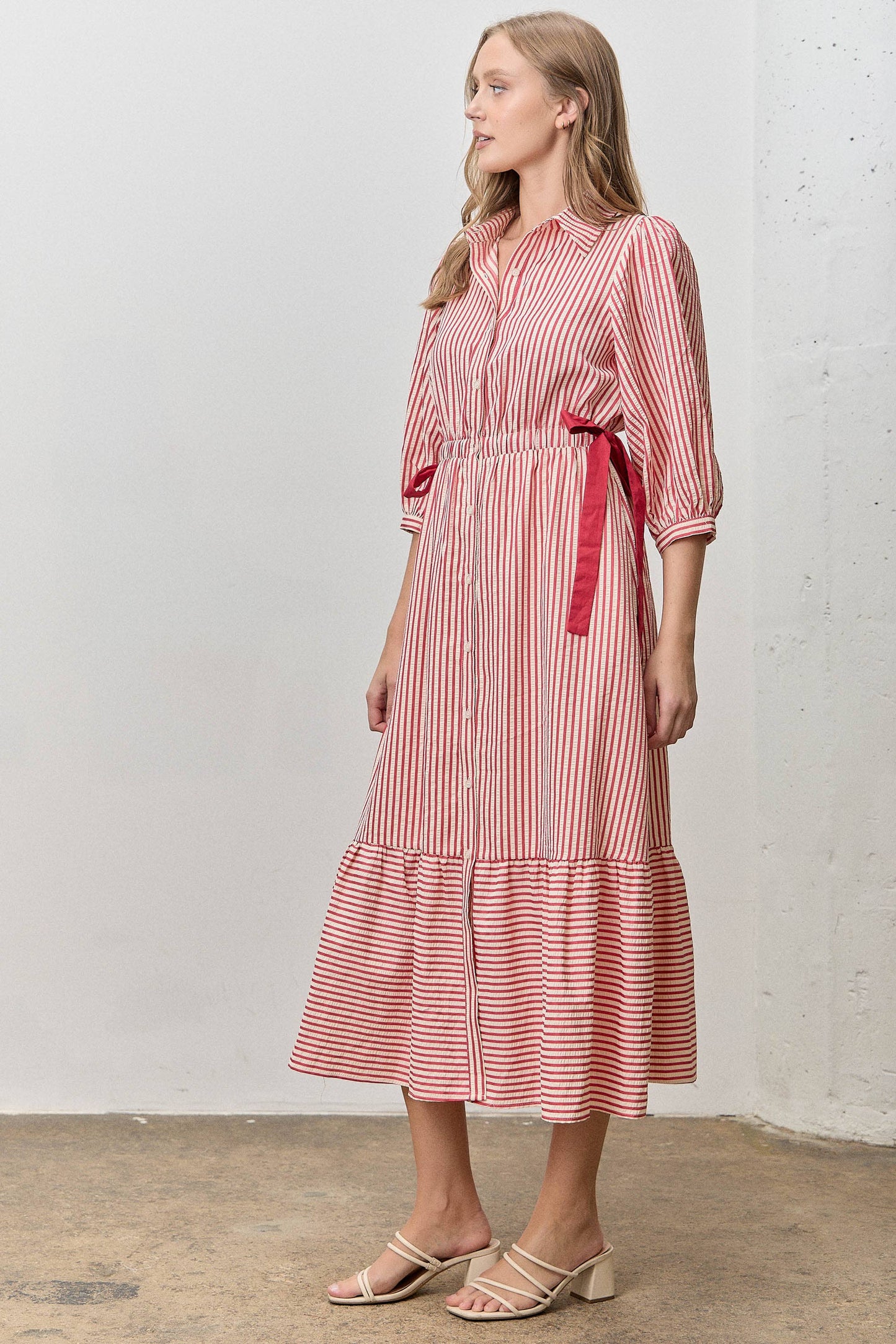 Red Stripe Ribbon Midi Dress