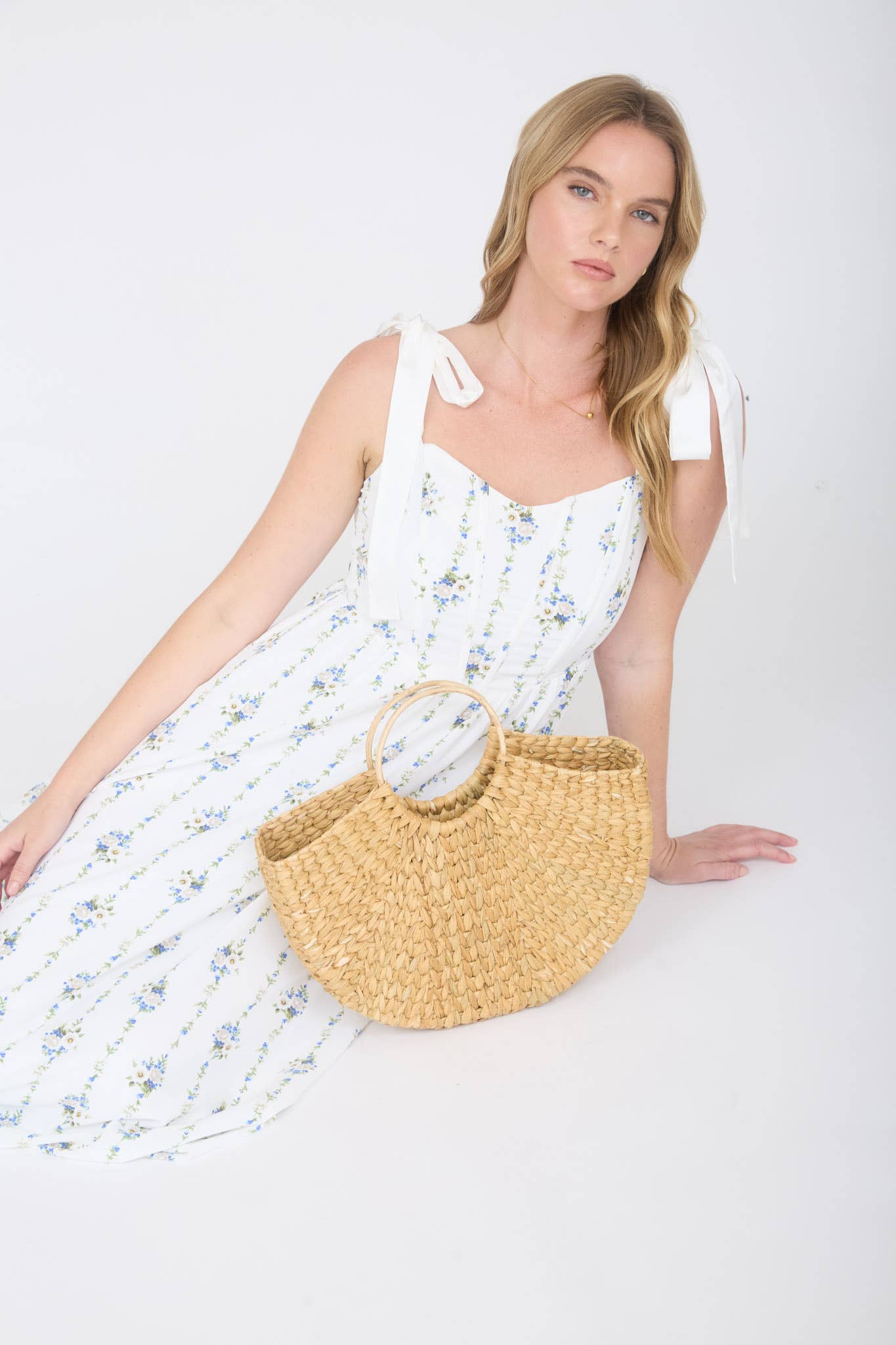 STRIPE FLORAL TIE STRAP CORSET MIDI DRESS