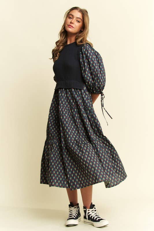 Floral Print Mixed Media Tiered Midi Dress (Curvy)