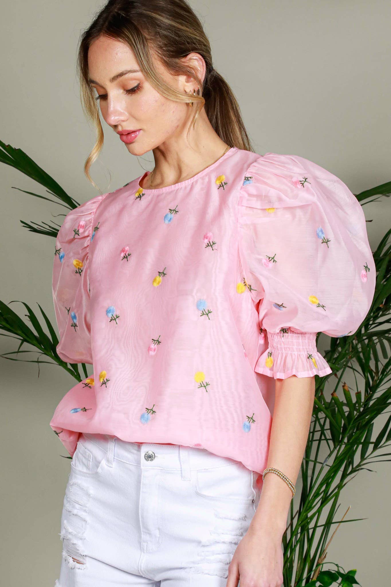Chic Sheer Organza Blouse with Ditsy Floral Embroidery & Puffy Balloon Sleeves
