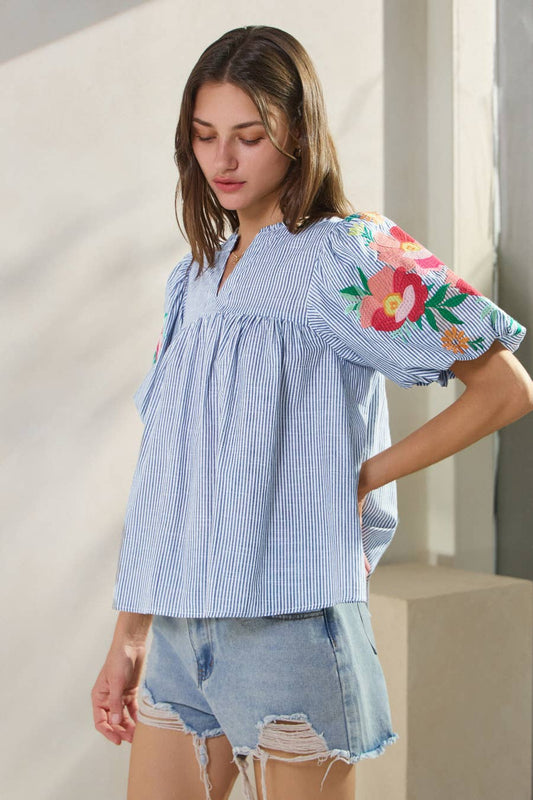 Women's Striped Cotton Embroidered Blouse - Short Sleeve Summer Top