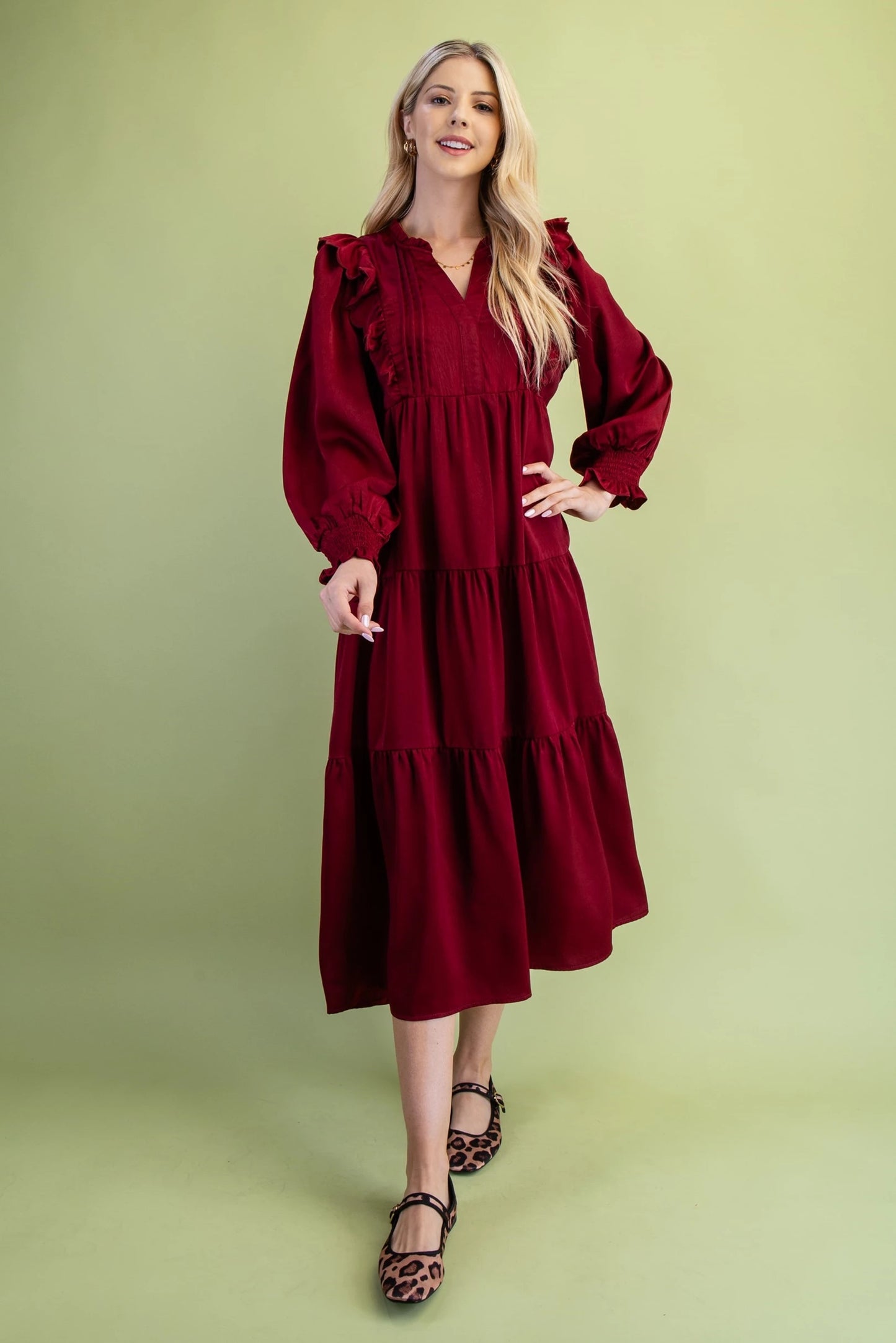 Elegant Modest Tiered Midi Dress - Burgundy Long Sleeve