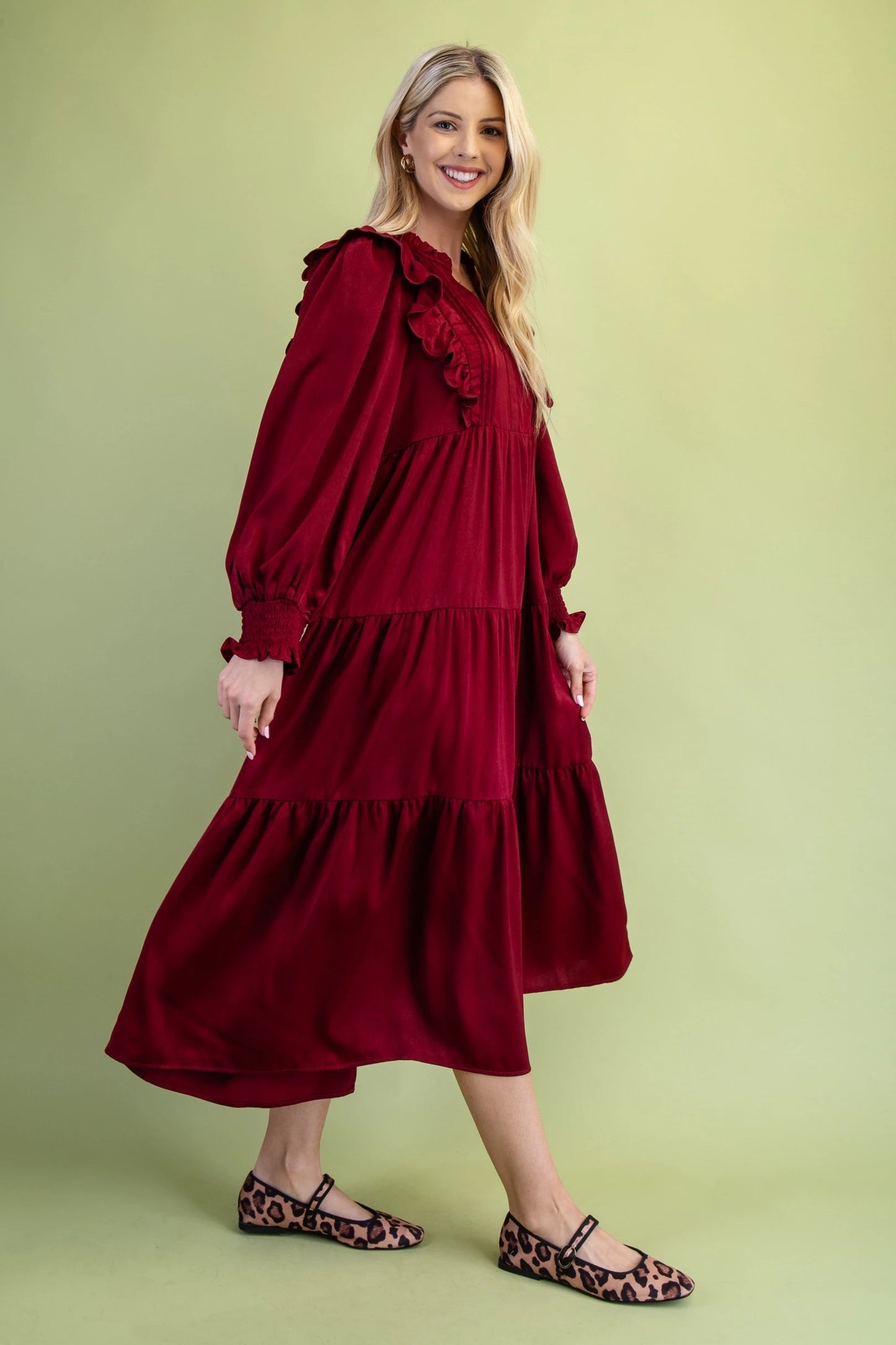 Elegant Modest Tiered Midi Dress - Burgundy Long Sleeve