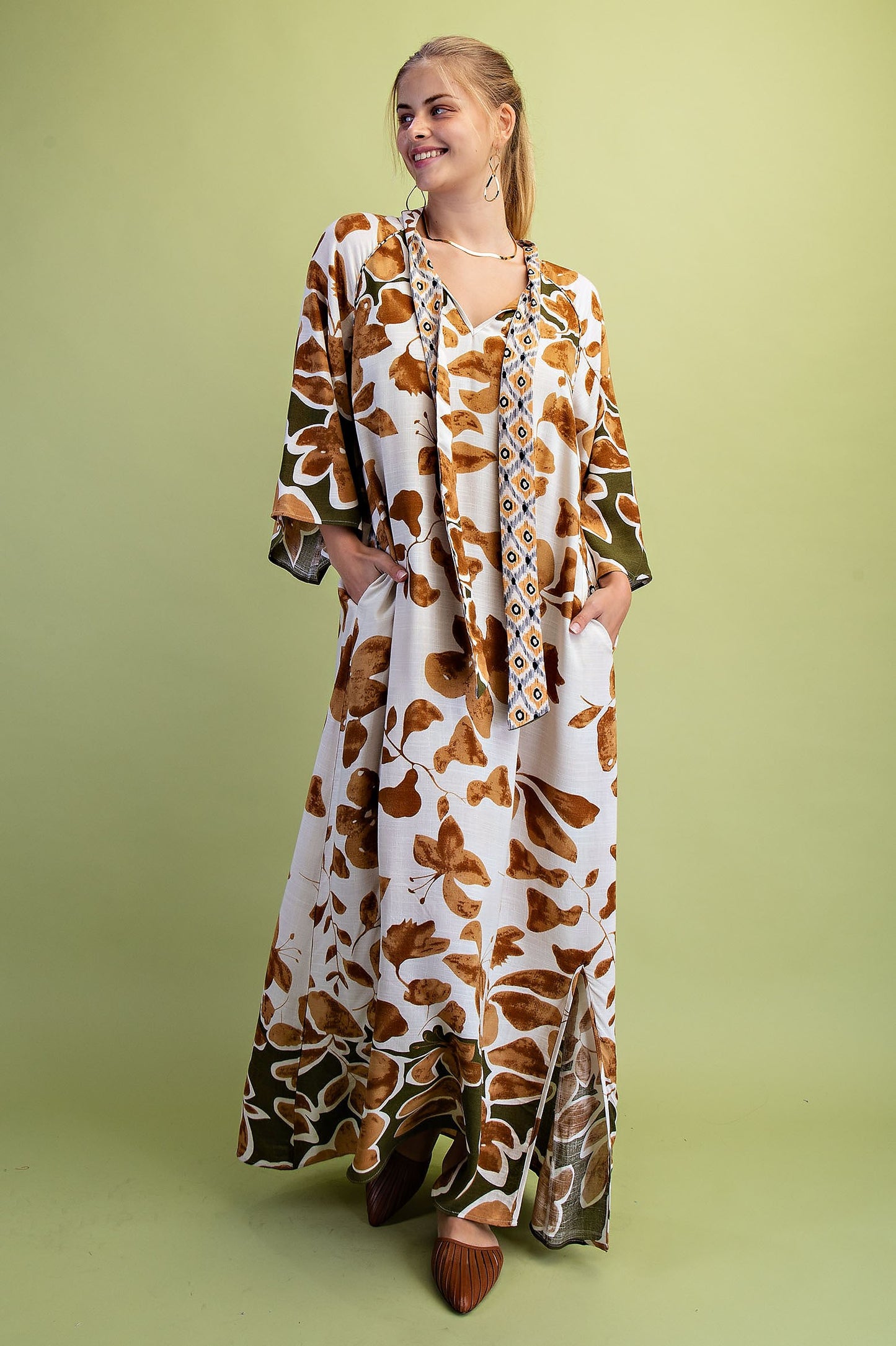 Boho Floral Print Oversized Maxi Dress with Tie Neck Collar