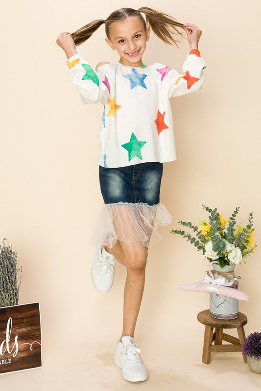 Girls' Rainbow Star Print Off-Shoulder Tunic Sweatshirt - Cozy & Stylish Kids' Top