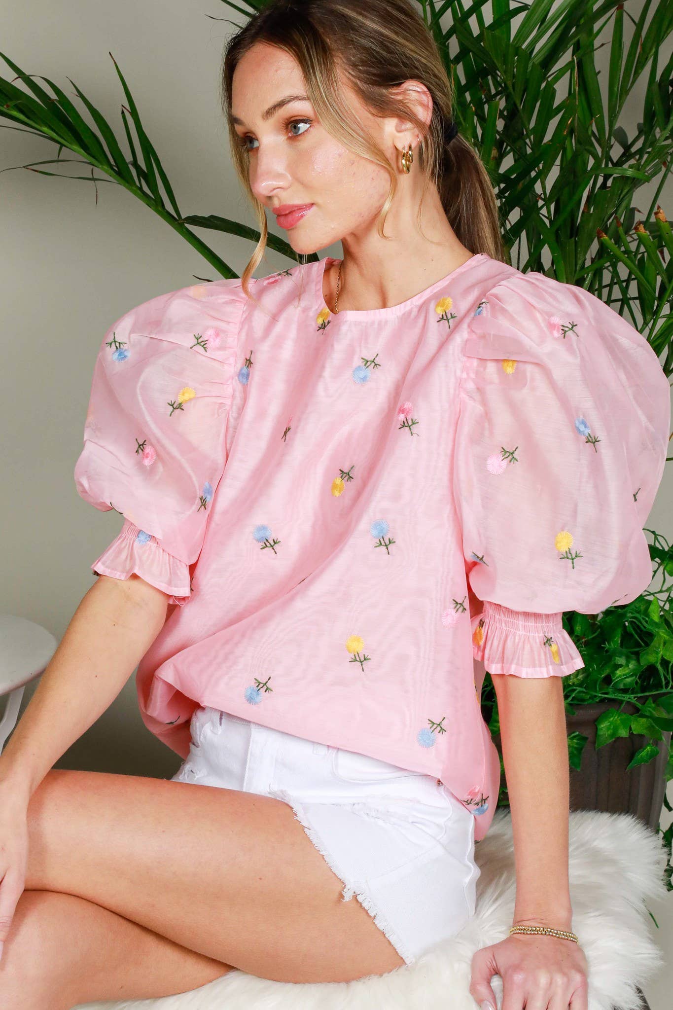 Chic Sheer Organza Blouse with Ditsy Floral Embroidery & Puffy Balloon Sleeves