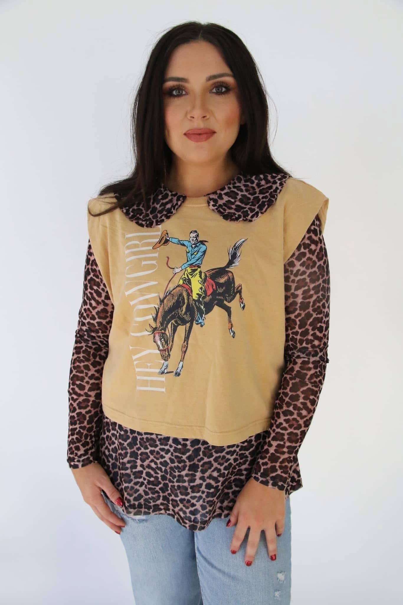 Cheetah Collar Mesh Top