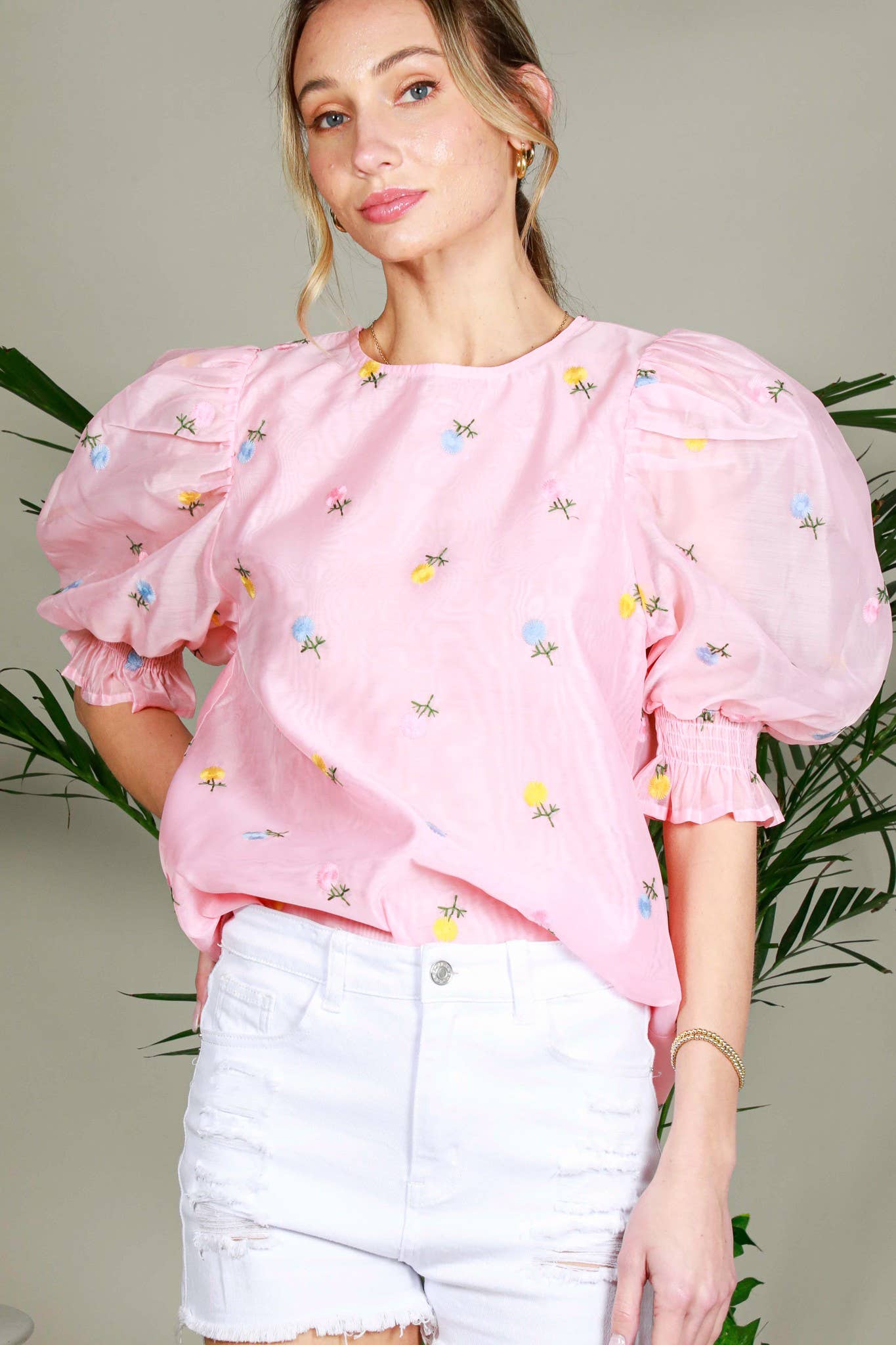 Chic Sheer Organza Blouse with Ditsy Floral Embroidery & Puffy Balloon Sleeves