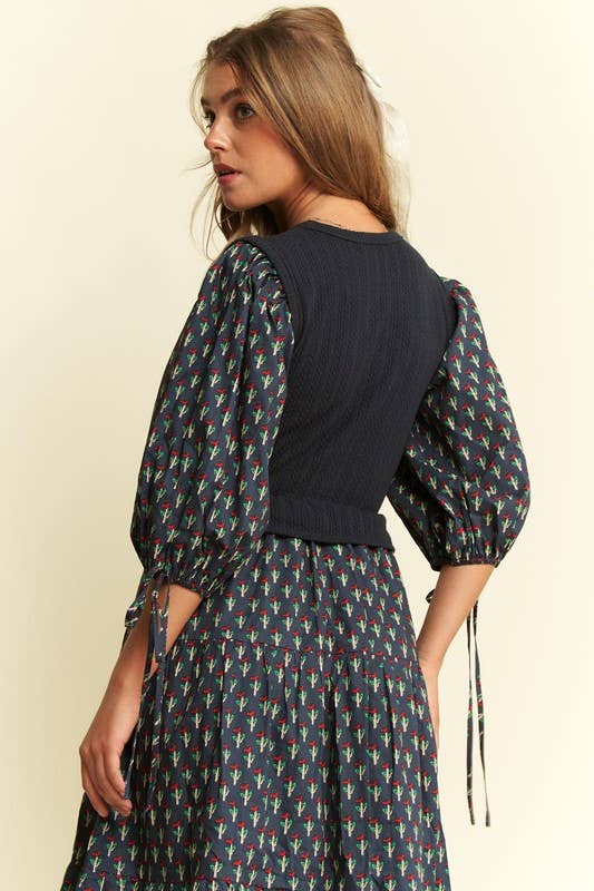 Floral Print Mixed Media Tiered Midi Dress (Curvy)