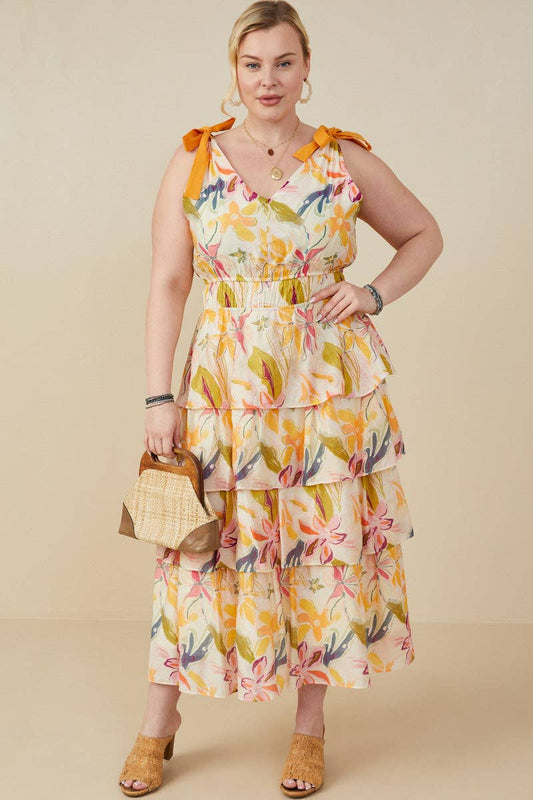 Floral Tiered V Neck Dress (Curvy)