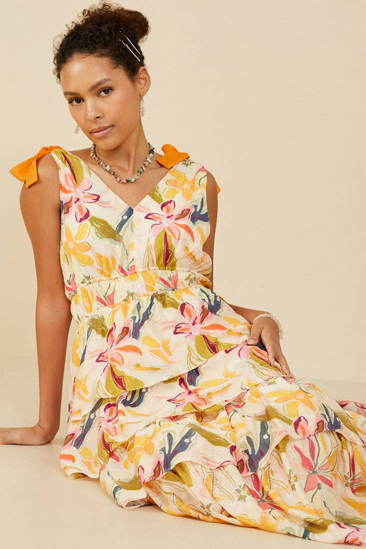 Floral Tiered V Neck Dress