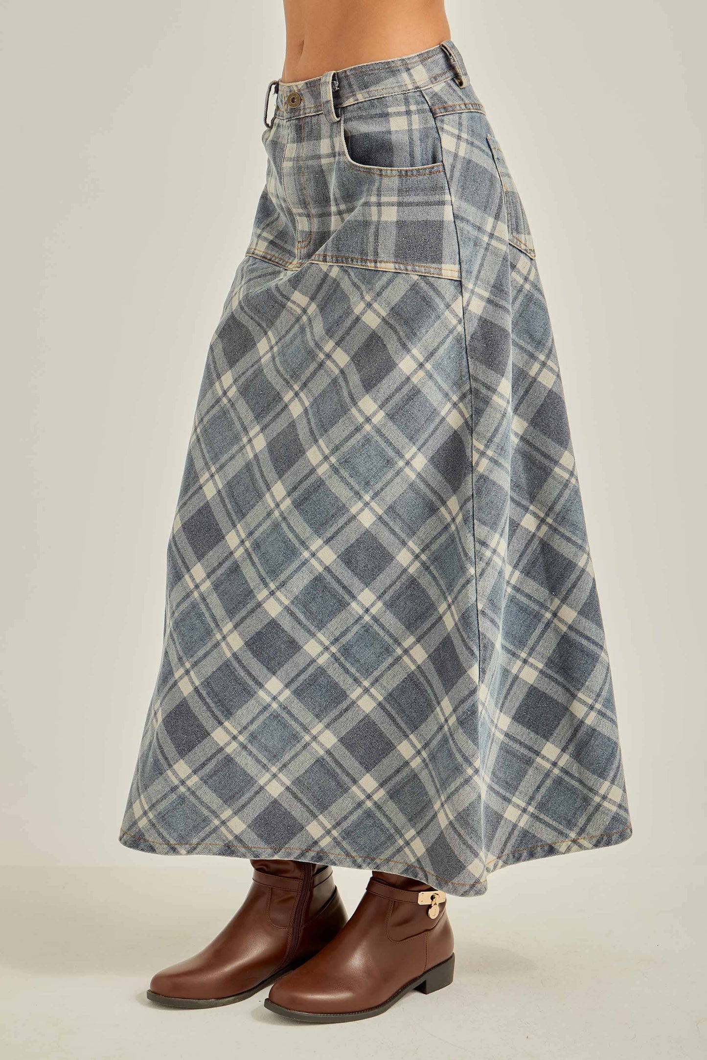 Denim Plaid A-Line Midi Skirt