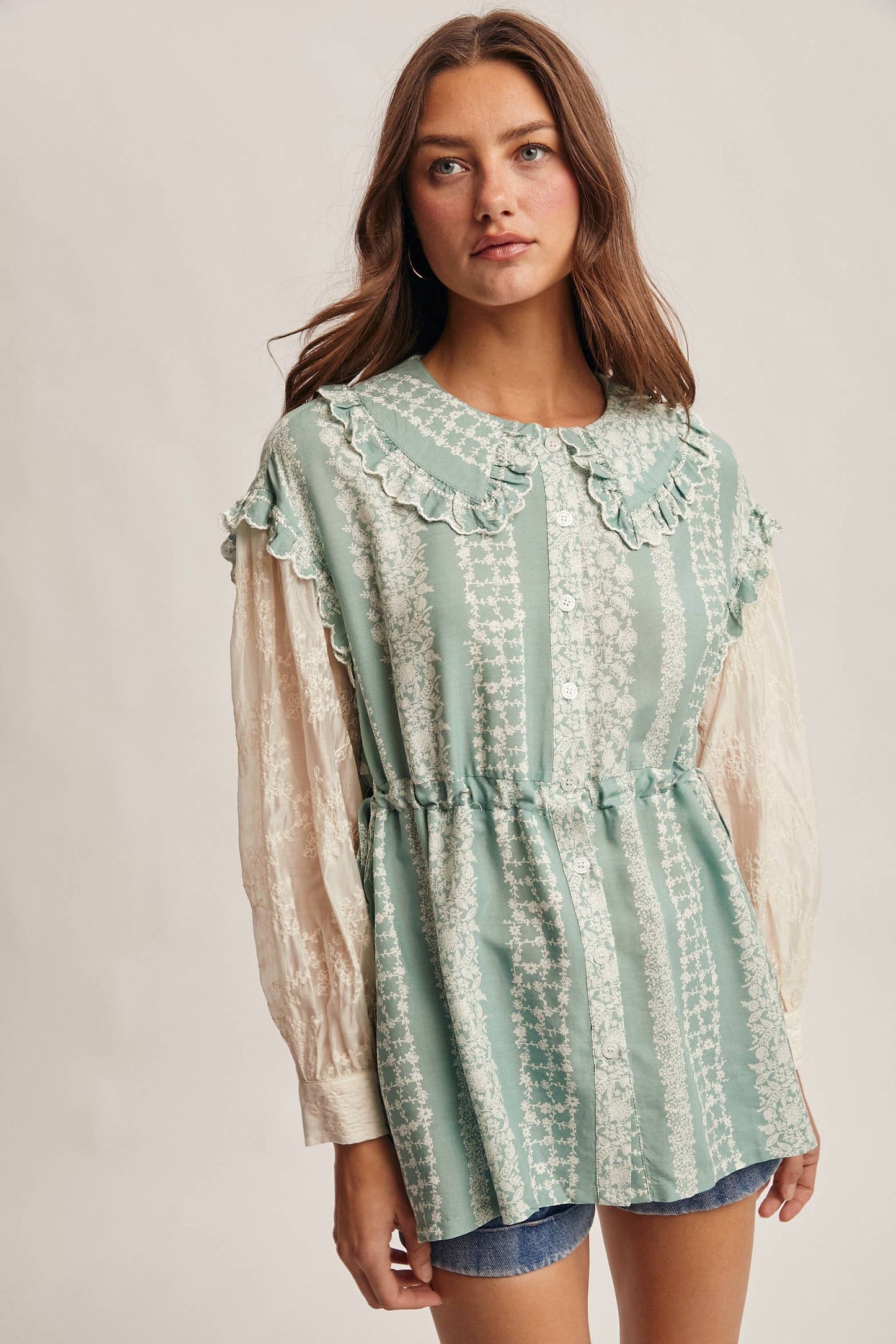 Floral Stripe Belted Blouse with Sheer Sleeves