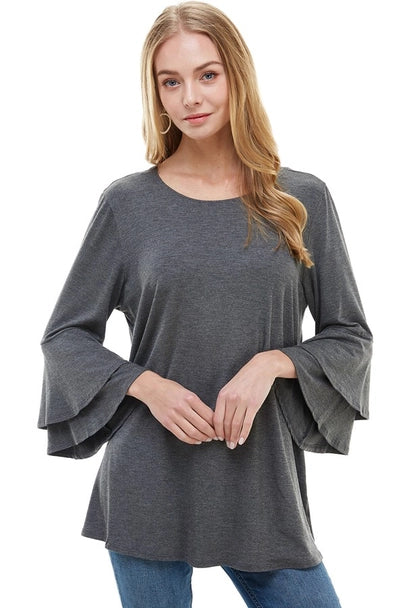 Elegant Double Layer Bell Sleeve Tunic Top - Flowy Rayon Spandex Knit