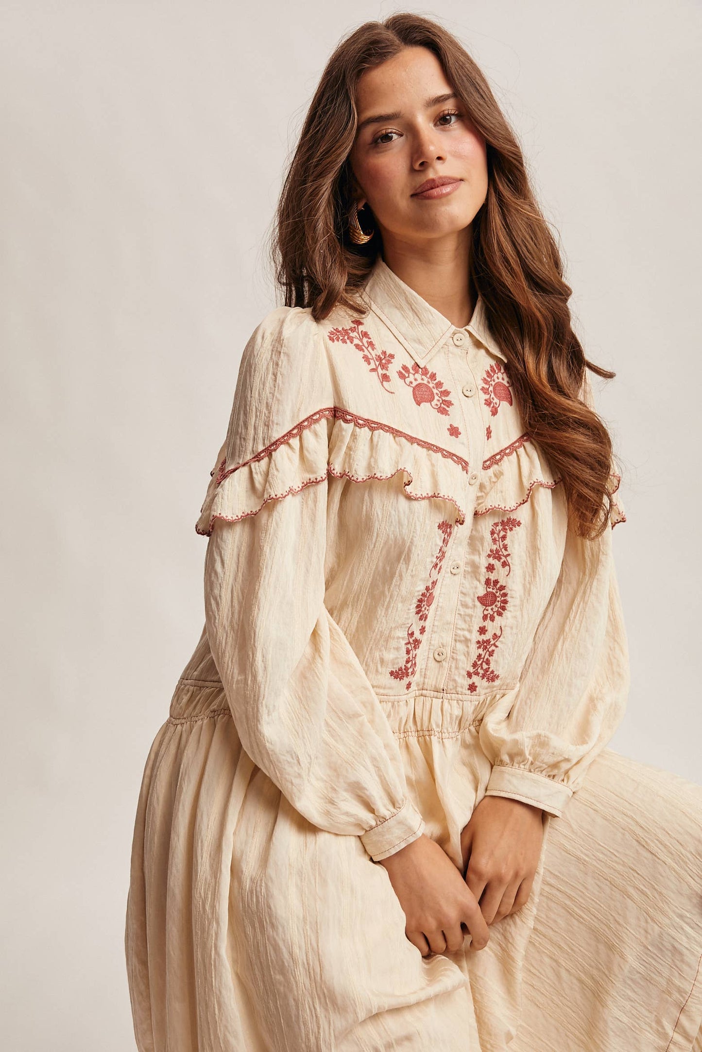 Embroidered Ruffle Trim Maxi Dress